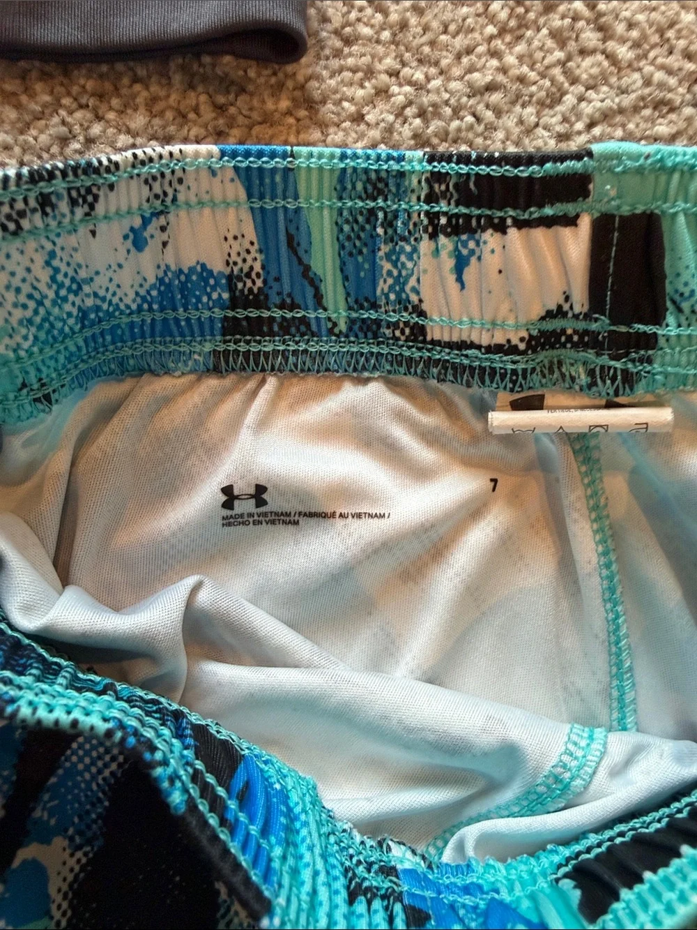 Under Armour Kids Gray Tee with Black & Teal Patterned Swim Trunks
